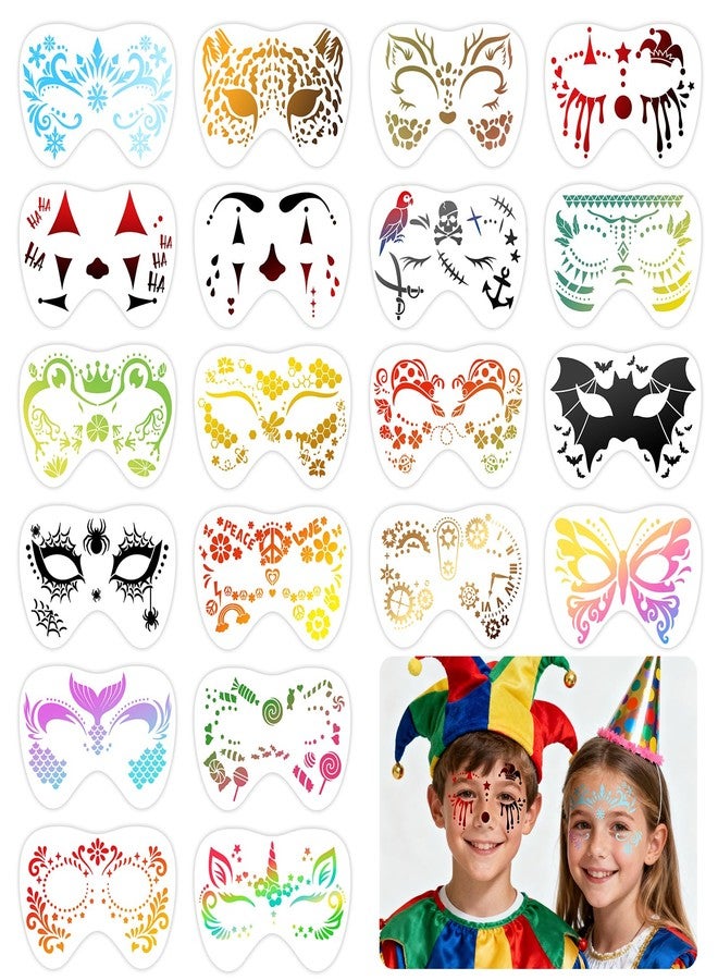 هواف مجموعة HOWAF من 20 قطعة من قوالب طلاء الوجه للأطفال، قوالب طلاء الوجه على شكل مهرج وخفاش وفراشة، قوالب طلاء الجسم، قوالب طلاء على شكل عنكبوت وحورية بحر لحفلات الأزياء التنكرية، مناسبة لتزيين حفلات ماردي غرا وسان باتريك. - Image 1